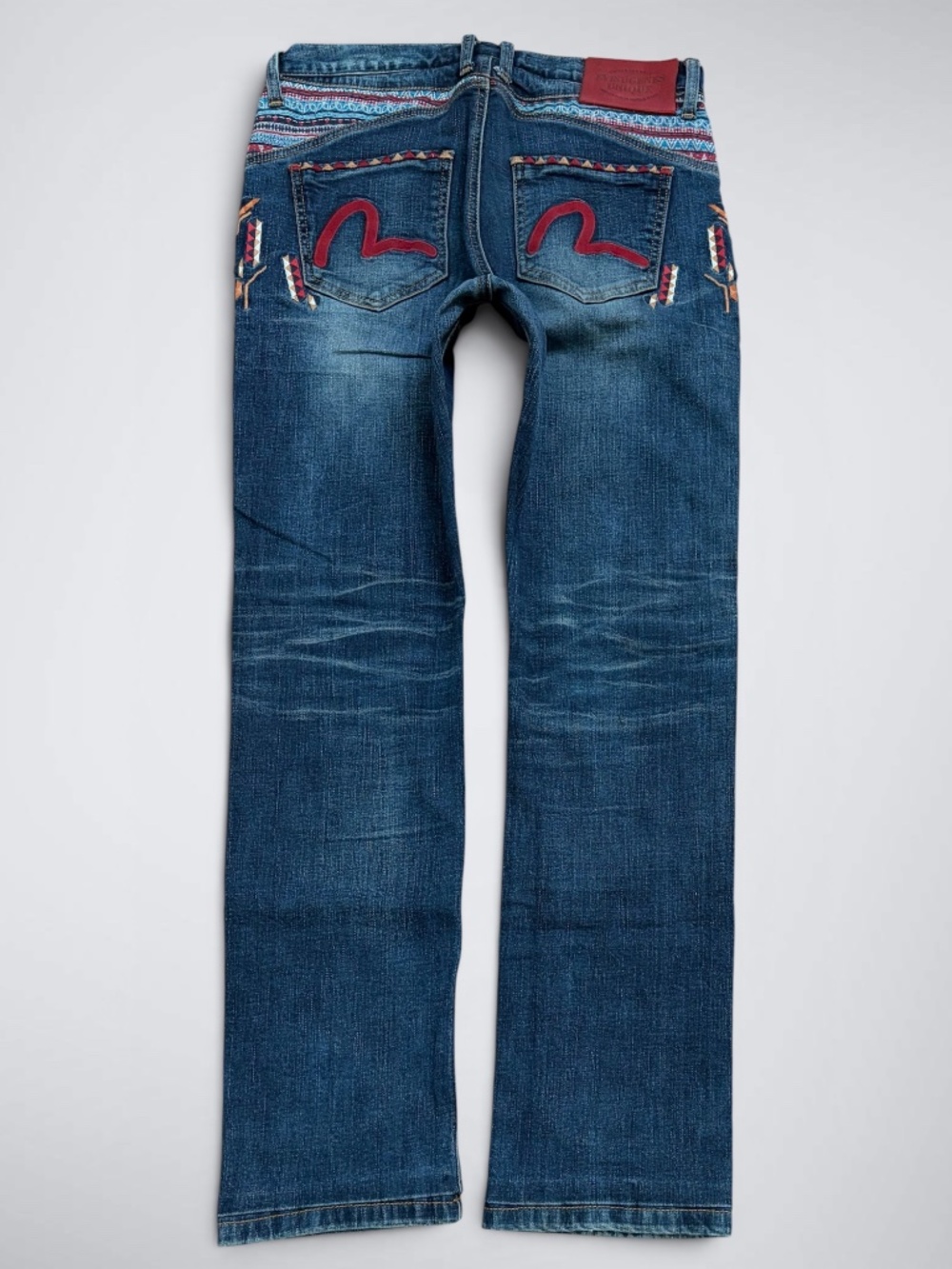 EVISU Genes Mid Rise Embroidered Geometric Tribal Pattern Red Felt Seagull Logo